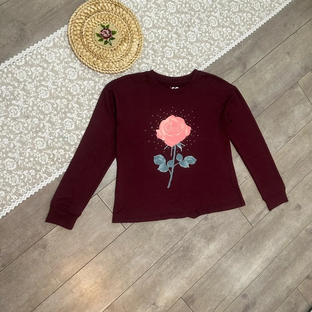 New SO Girls Rose Floral Graphic Long Sleeve Pullover Buttery Soft Size Large
